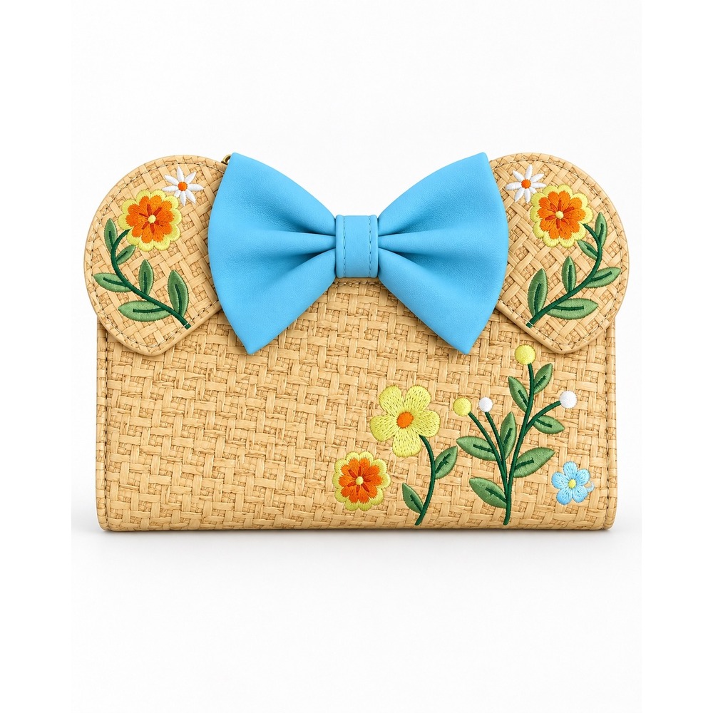 Disney Loungefly Minnie Floral Bow Wallet Straw Texture Embroidered NWOT